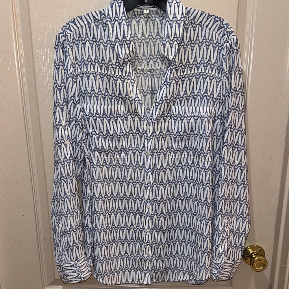 Express Blue and White Patterned women’s portofino blouse